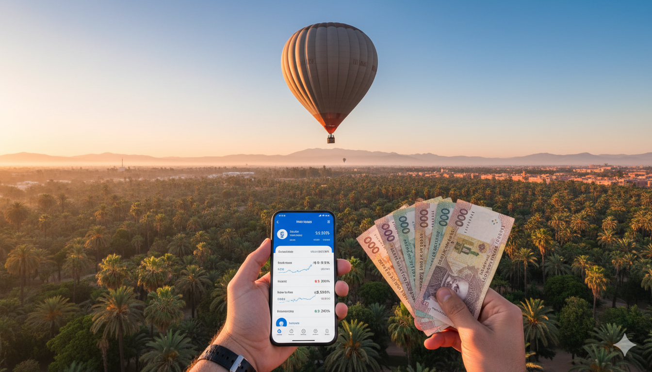 Montgolfière au-dessus de Marrakech au lever du soleil